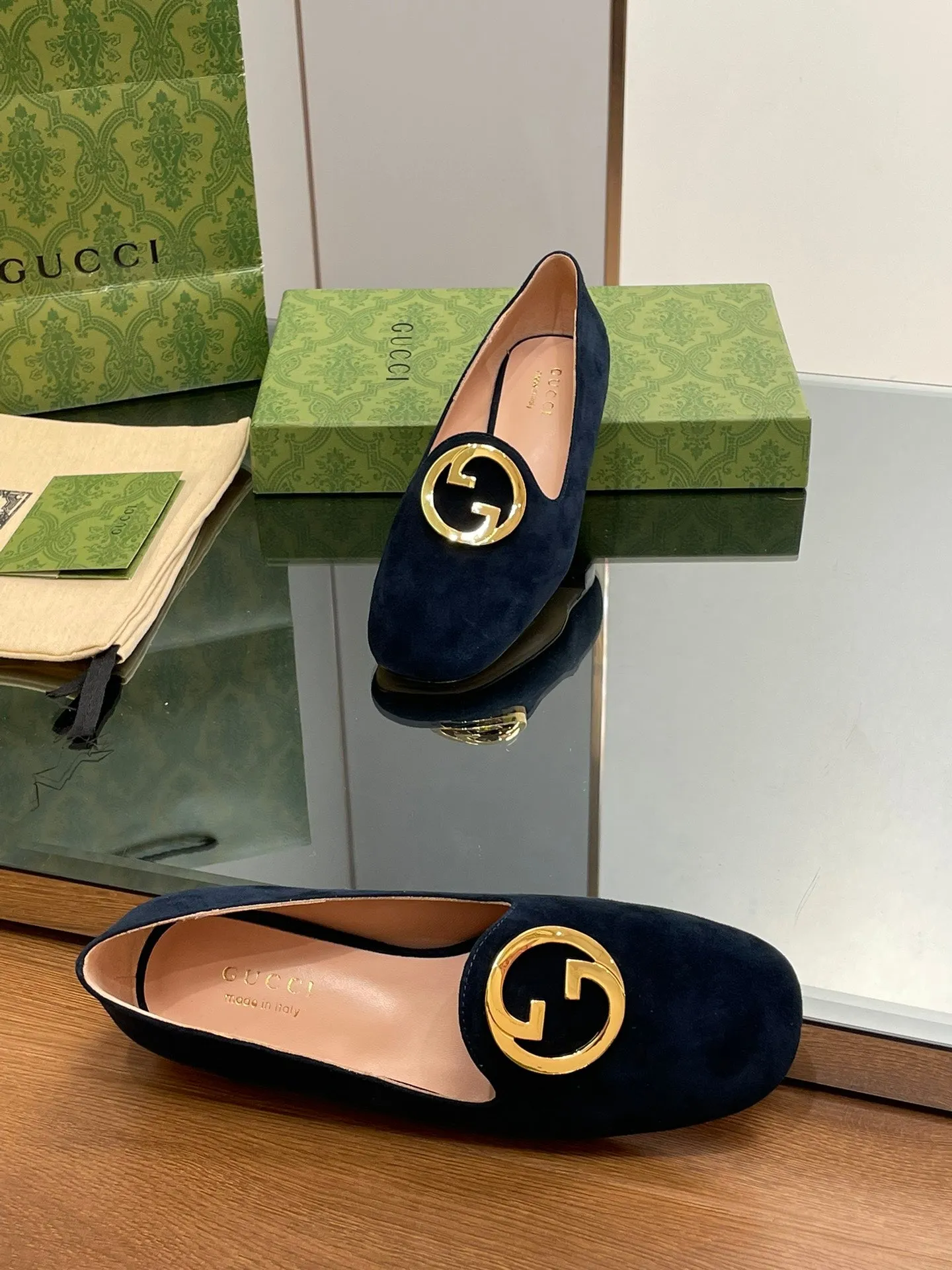 BLONDIE LOGO-PLAQUE LOAFERS IN SPACE BLUE SUEDE WITH GOLD HARDWARE